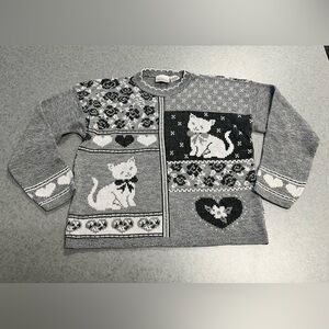 Vintage 90s Cat Sweater Gray Patchwork Knit Hearts Cottagecore—Womens Large